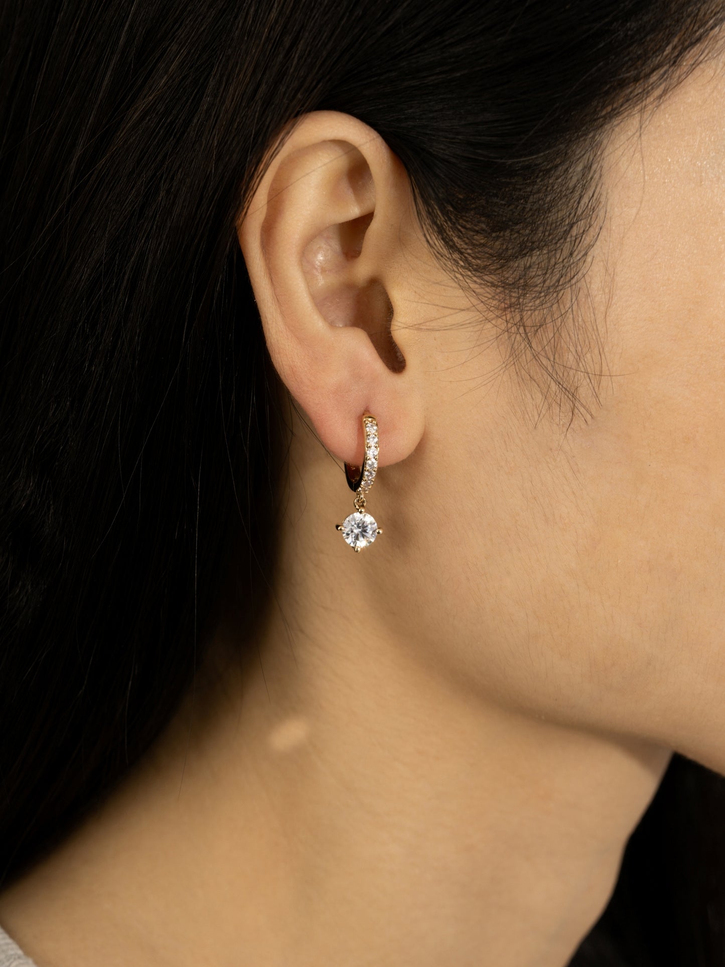 DIAMONBLISS Yellow-tone Brass Round cut Dangle Hoop Earrings|| Embellished with Swarovski® Zirconia| 3.5 cttws