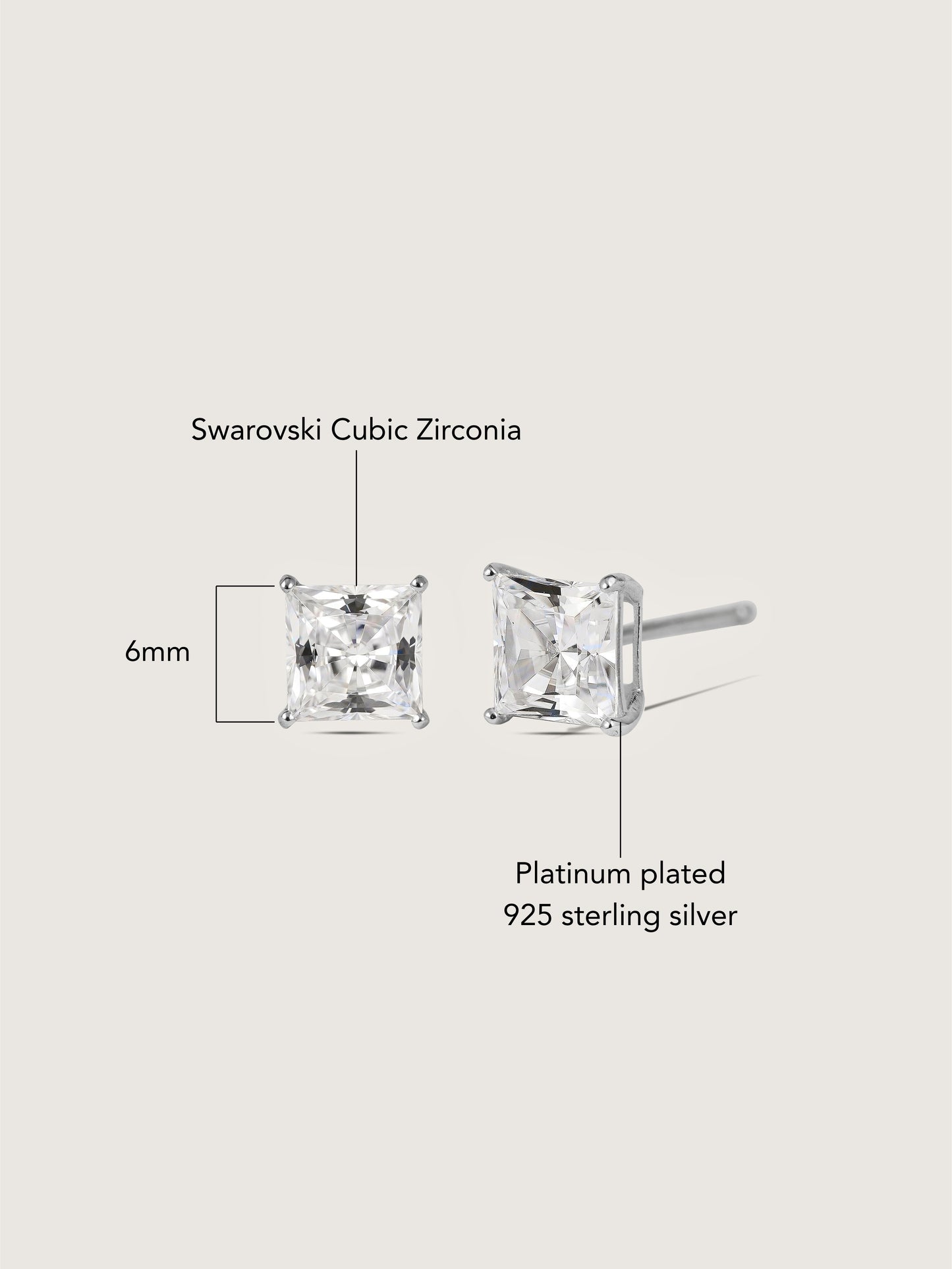 Diamonbliss Platinum Plated Sterling Silver Solitaire Princess cut Stud Earrings| 2 cttw