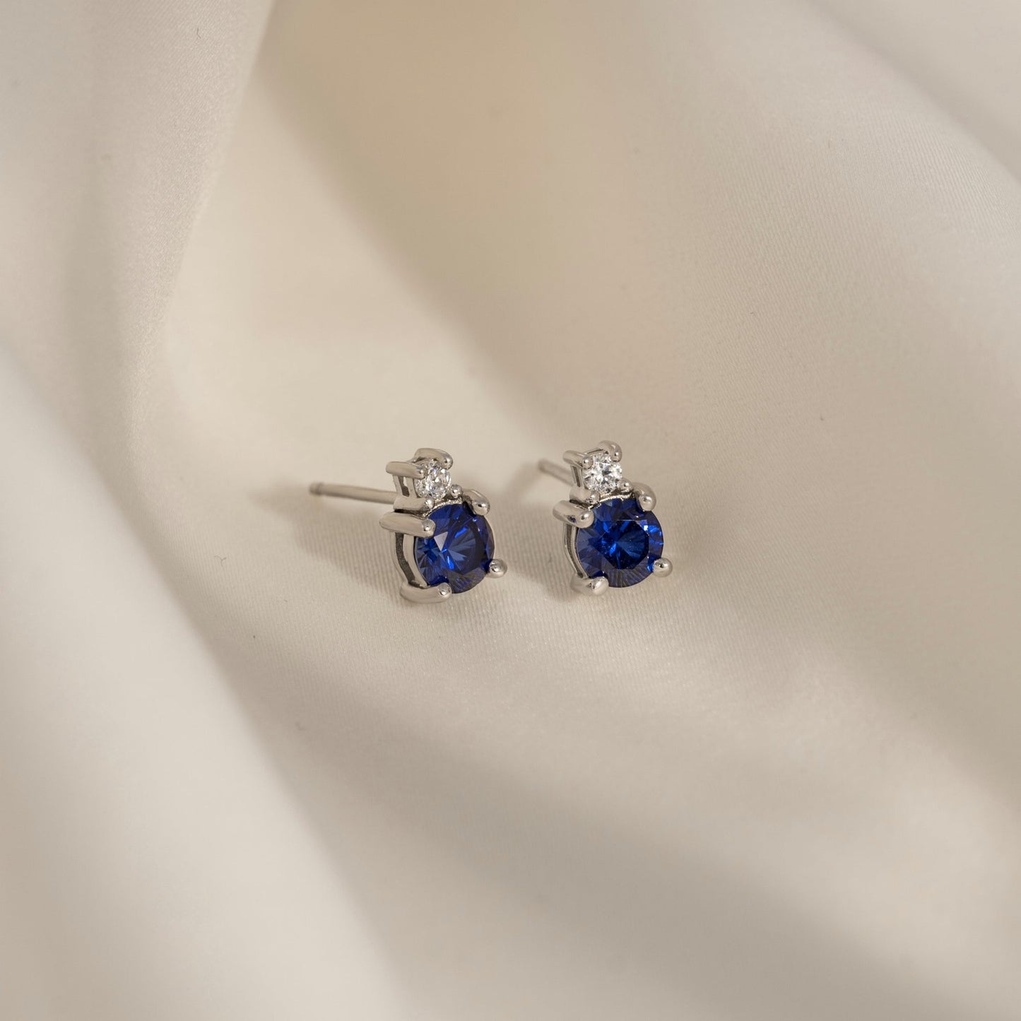 Round Cut Created Sapphire And Lab Grown Diamond Two Stones Stud Earrings