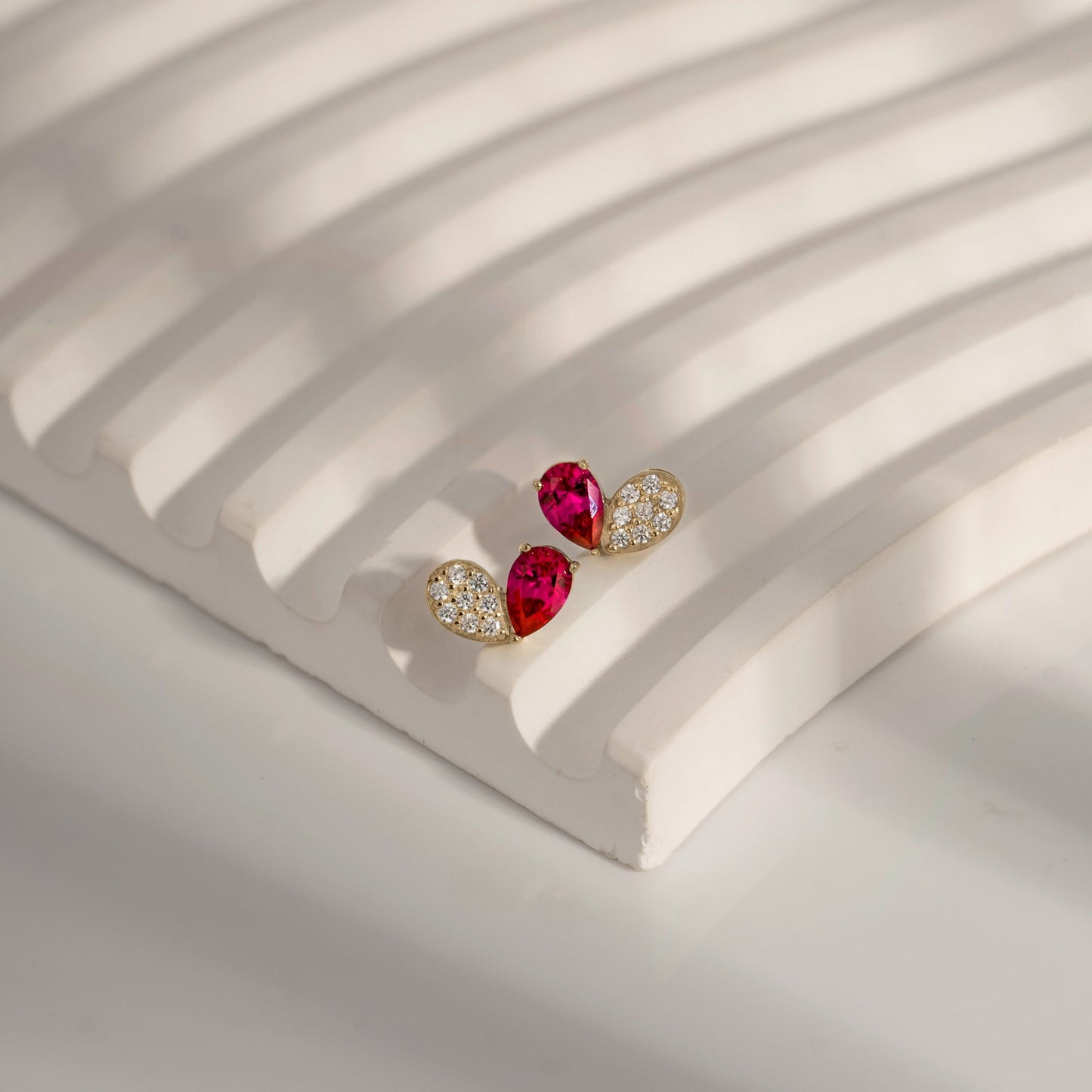 Pear Cut Created Ruby And Pave Lab Grown Diamond Heart Shaped Stud Earrings