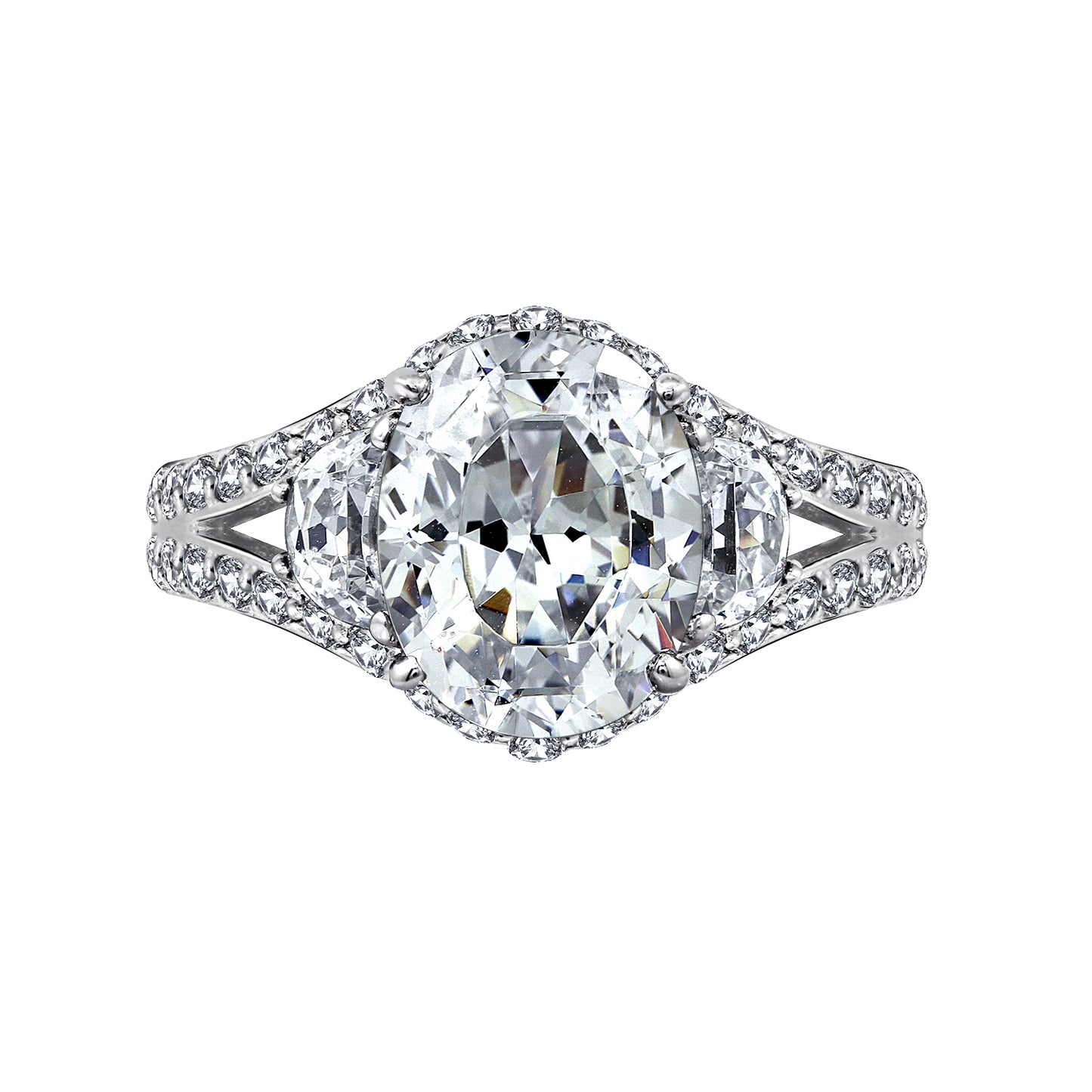 100-Facet Oval Cut with Half Moon Side Stones Split Shank Ring
