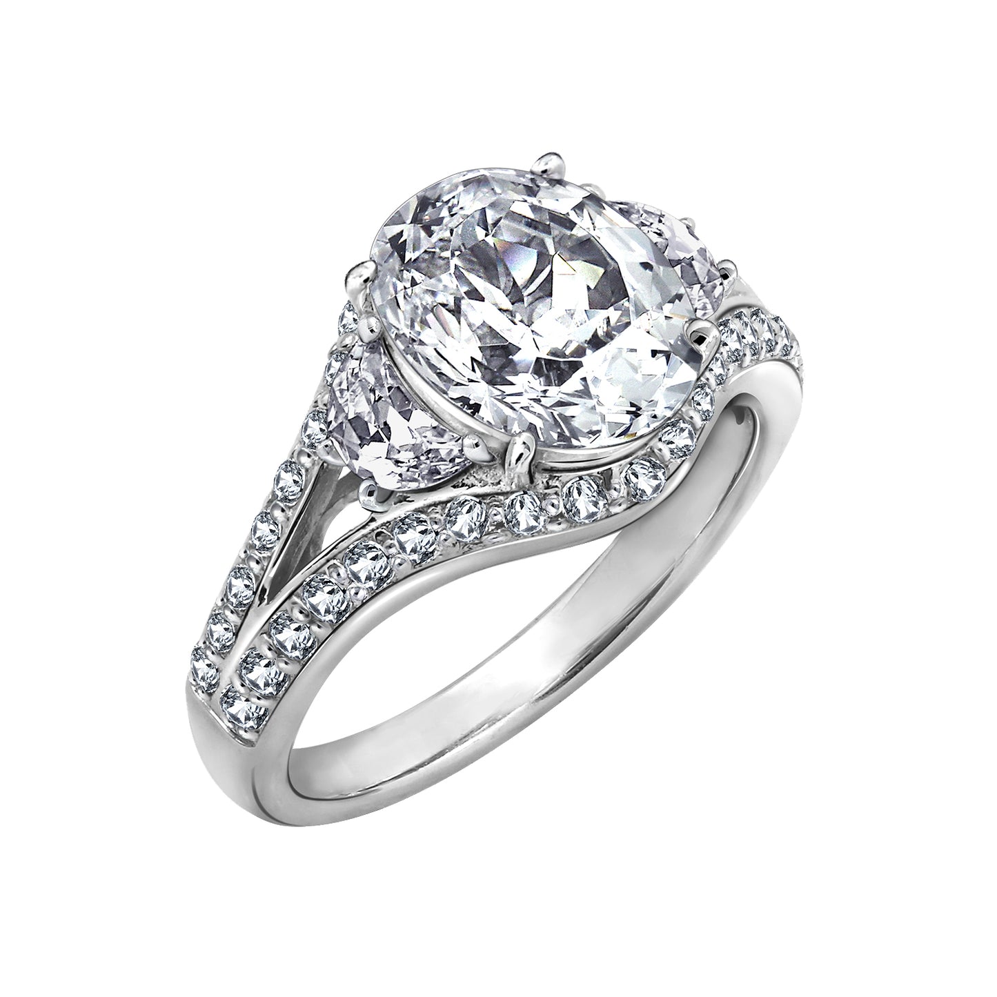 100-Facet Oval Cut with Half Moon Side Stones Split Shank Ring