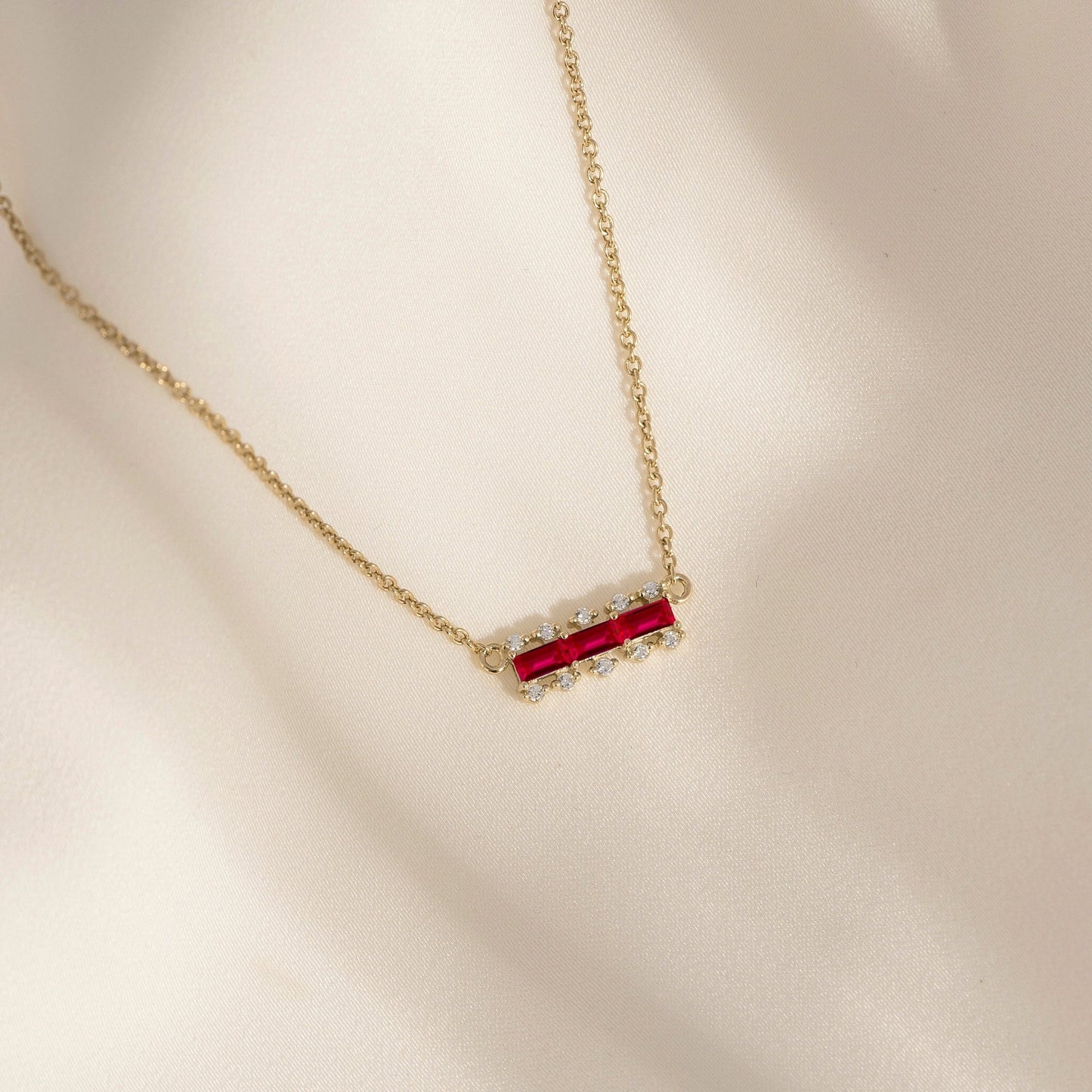 Baguette Cut Created Ruby With Lab Grown Diamond Accent Bar Pendant Necklace