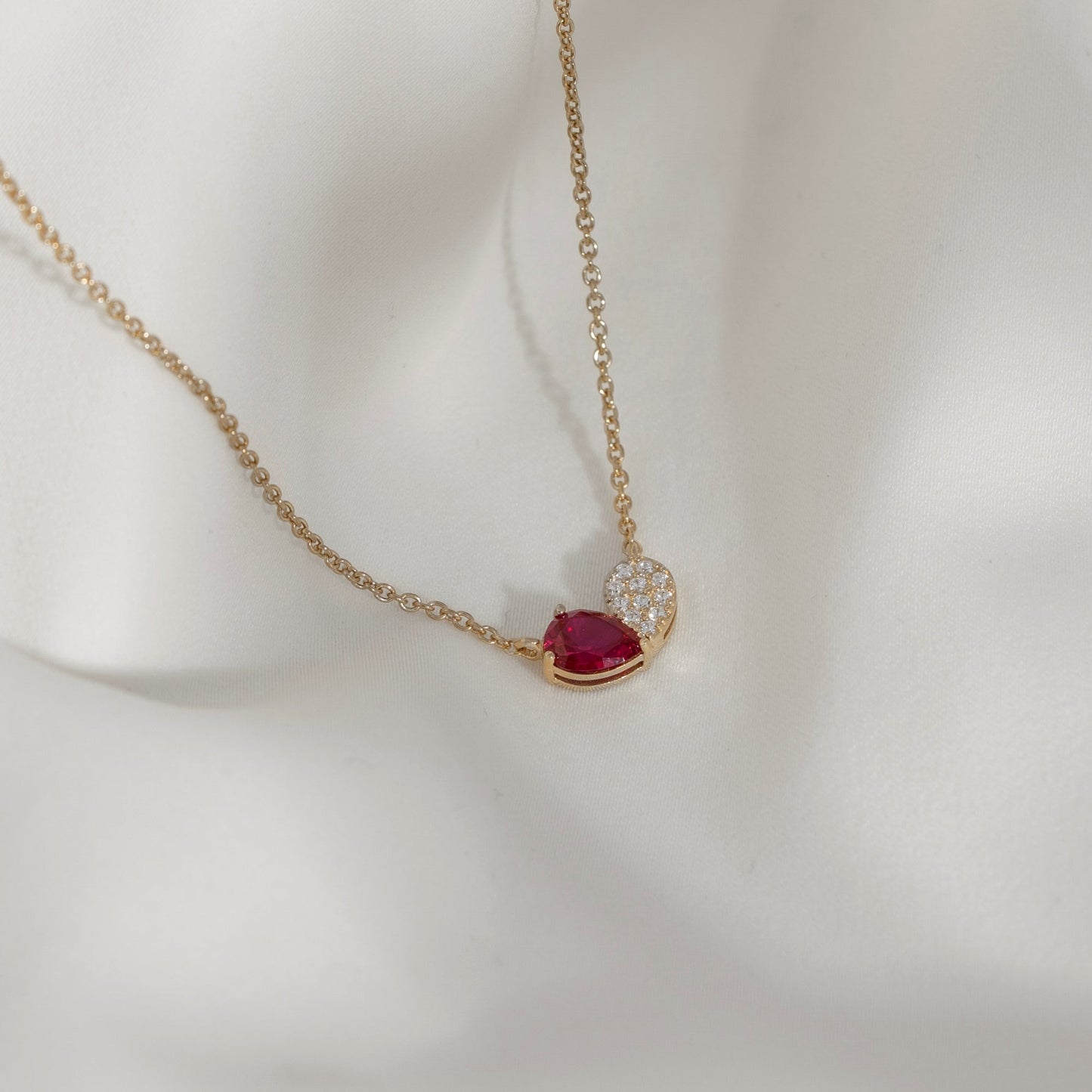 Pear Cut Created Ruby And Pave Lab Grown Diamond Heart Shaped Pendant Necklace