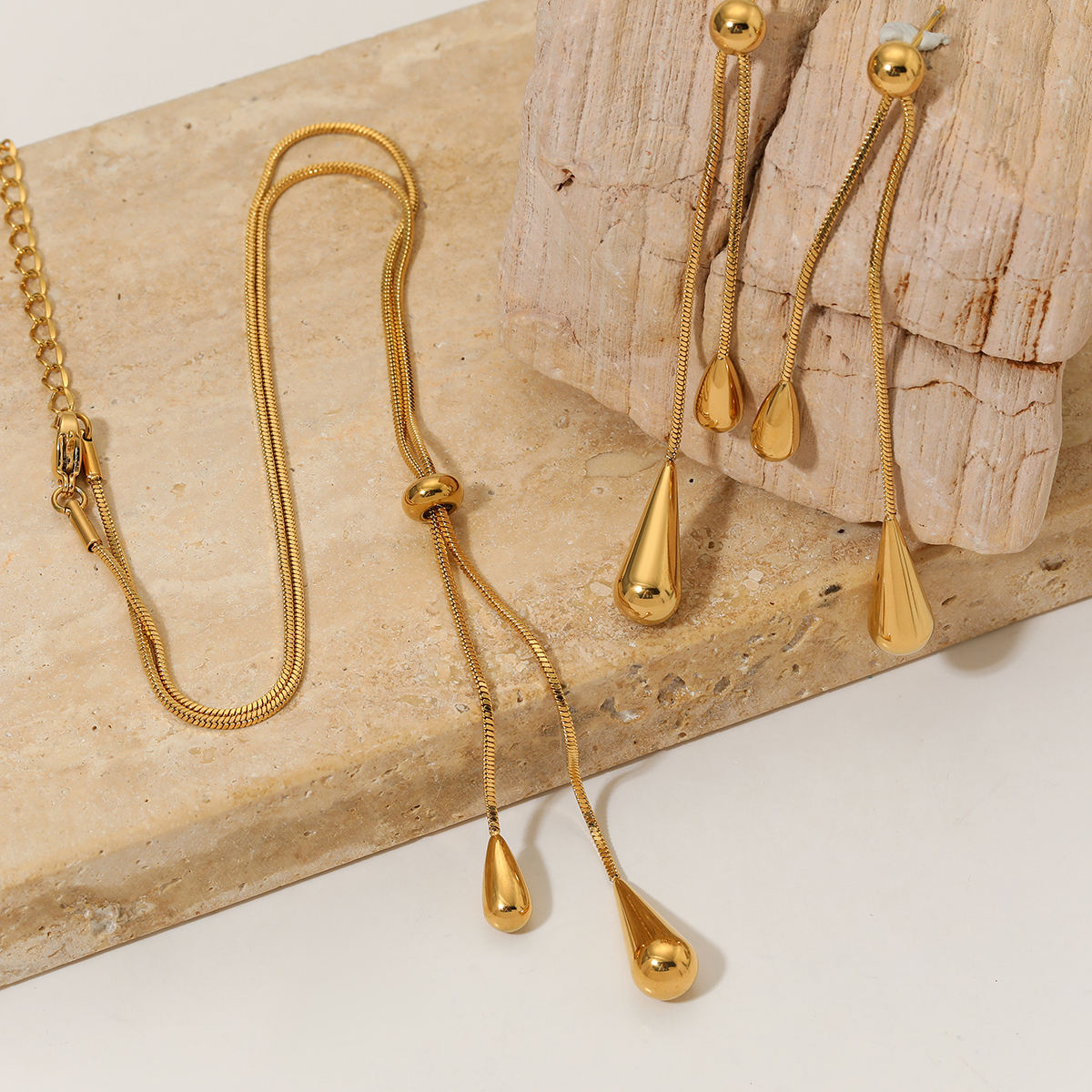 Aquabliss Gold-Tone Stainless Steel Double Teardrop Dangle Earrings
