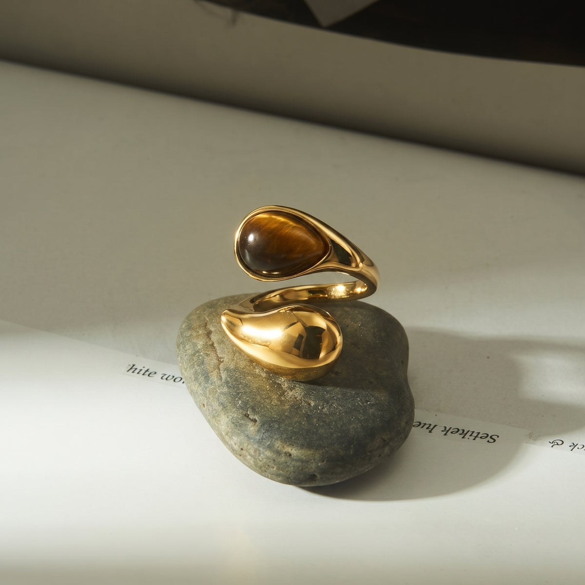 Aquabliss Gold-Tone Stainless Steel Tiger Eye Open Ring