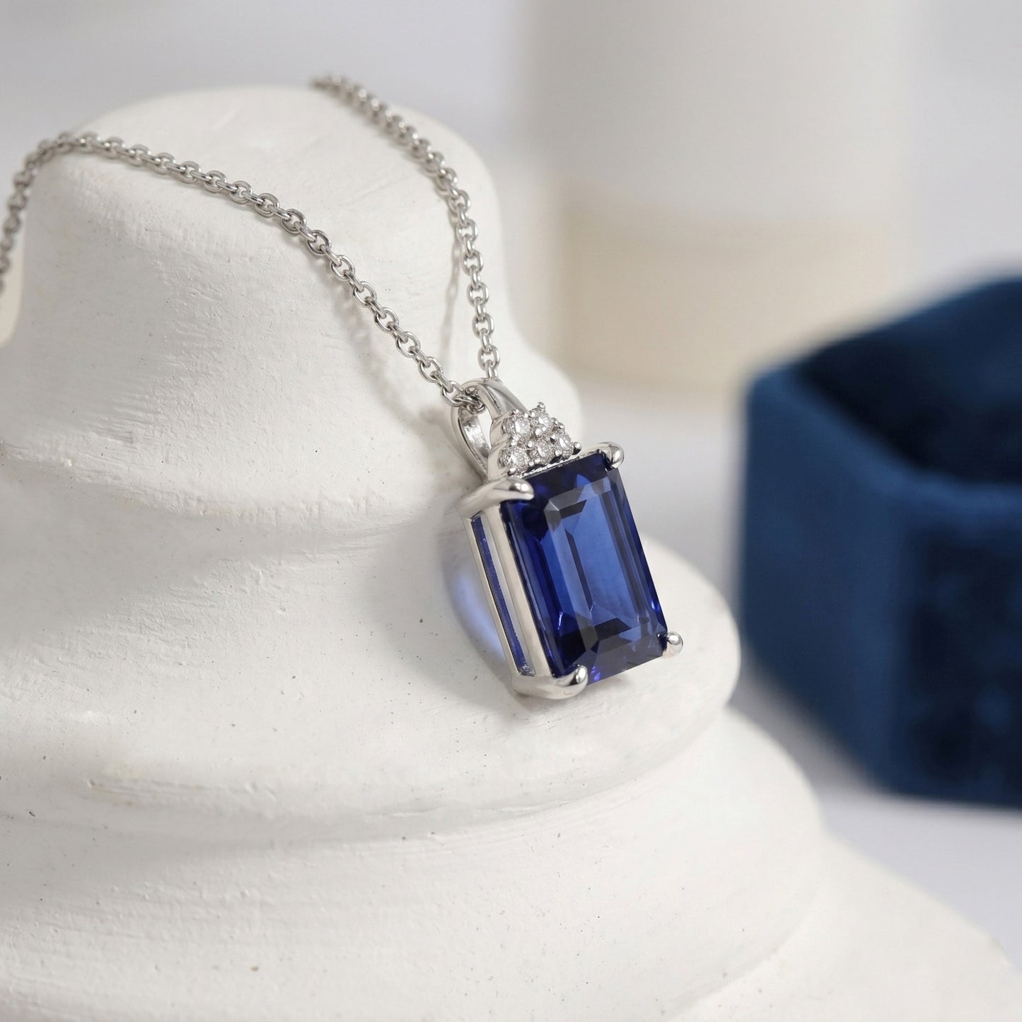 Emerald Cut Created Sapphire With Lab Grown Diamond Accent Octagon Pendant Necklace