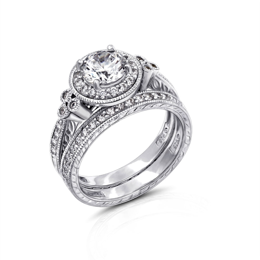 Round Cut Halo Vintage Wedding Set