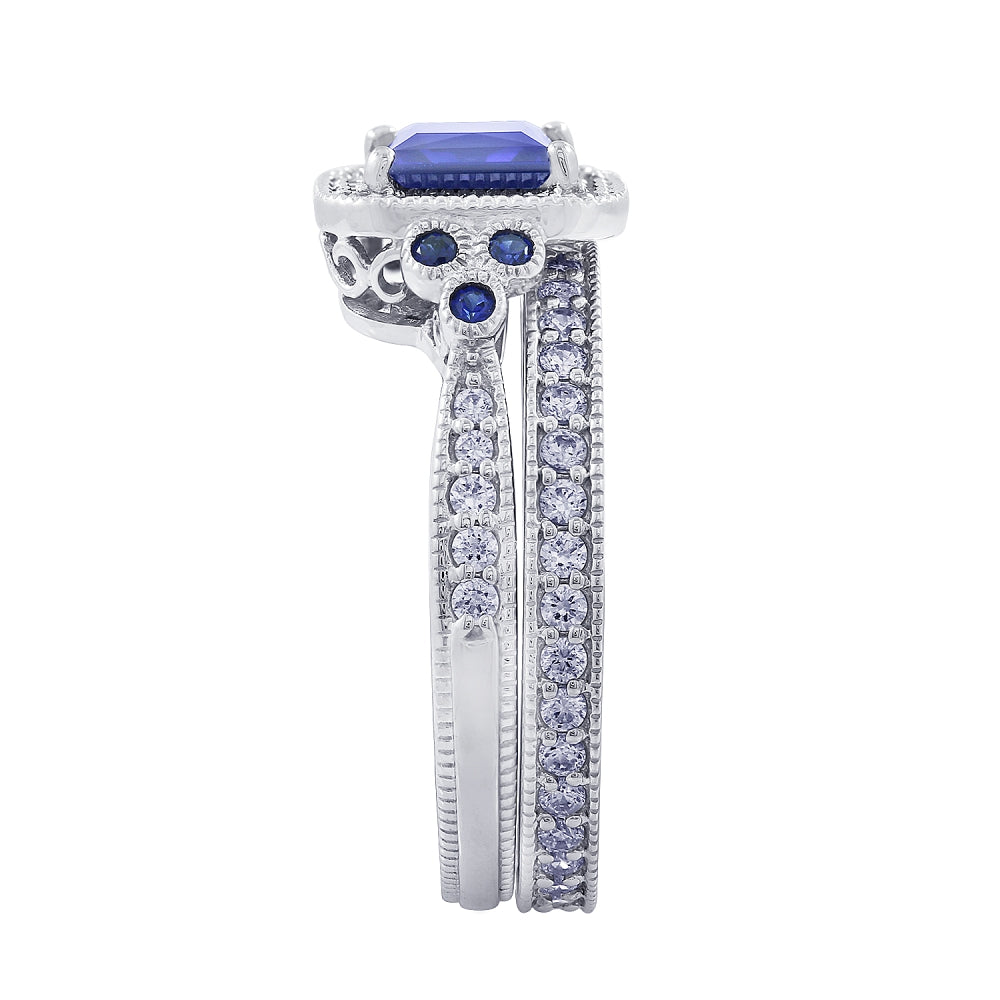 Princess Cut Sapphire Halo Antique Bridal Set
