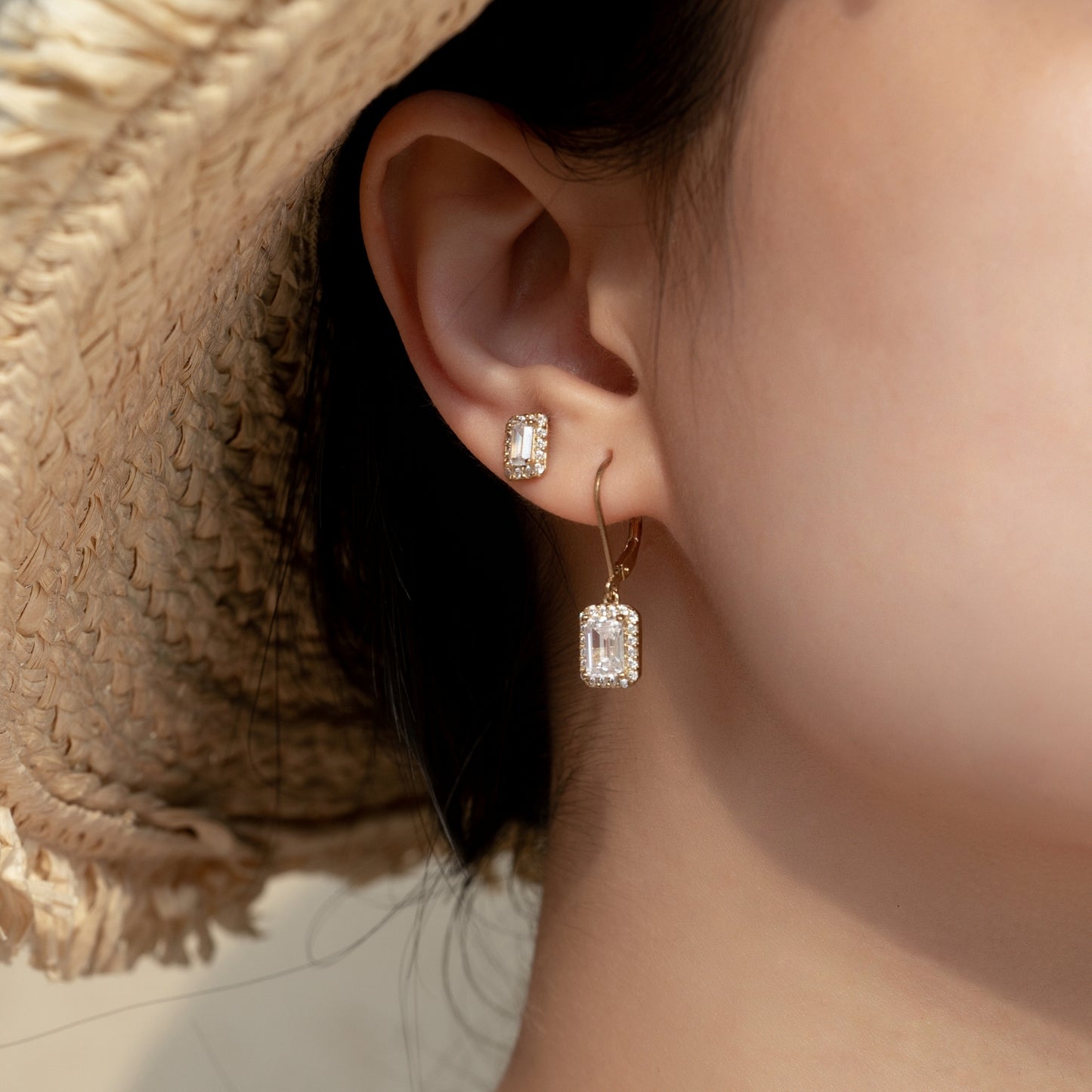 Marilyn Monroe Emerald Cut Halo Leverback Earrings