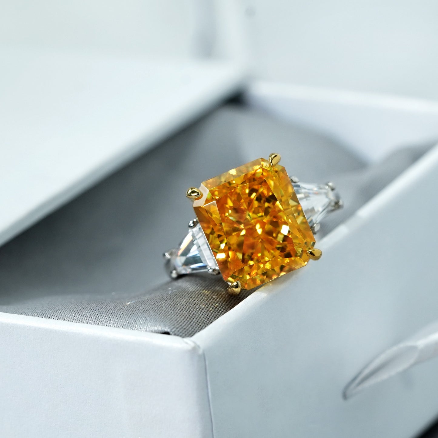 Yellow Emerald and Trapeze Cut Engagement Ring