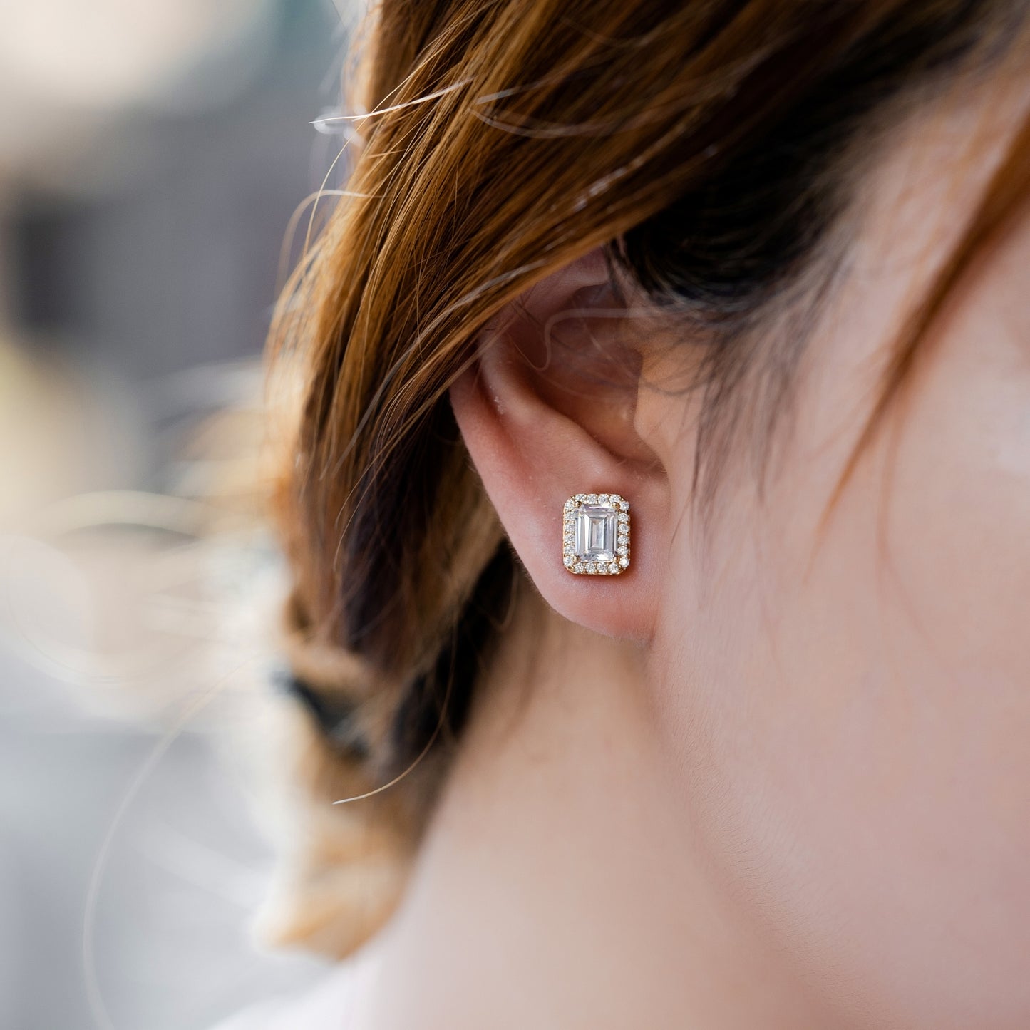 Emerald Cut Halo Stud Earrings