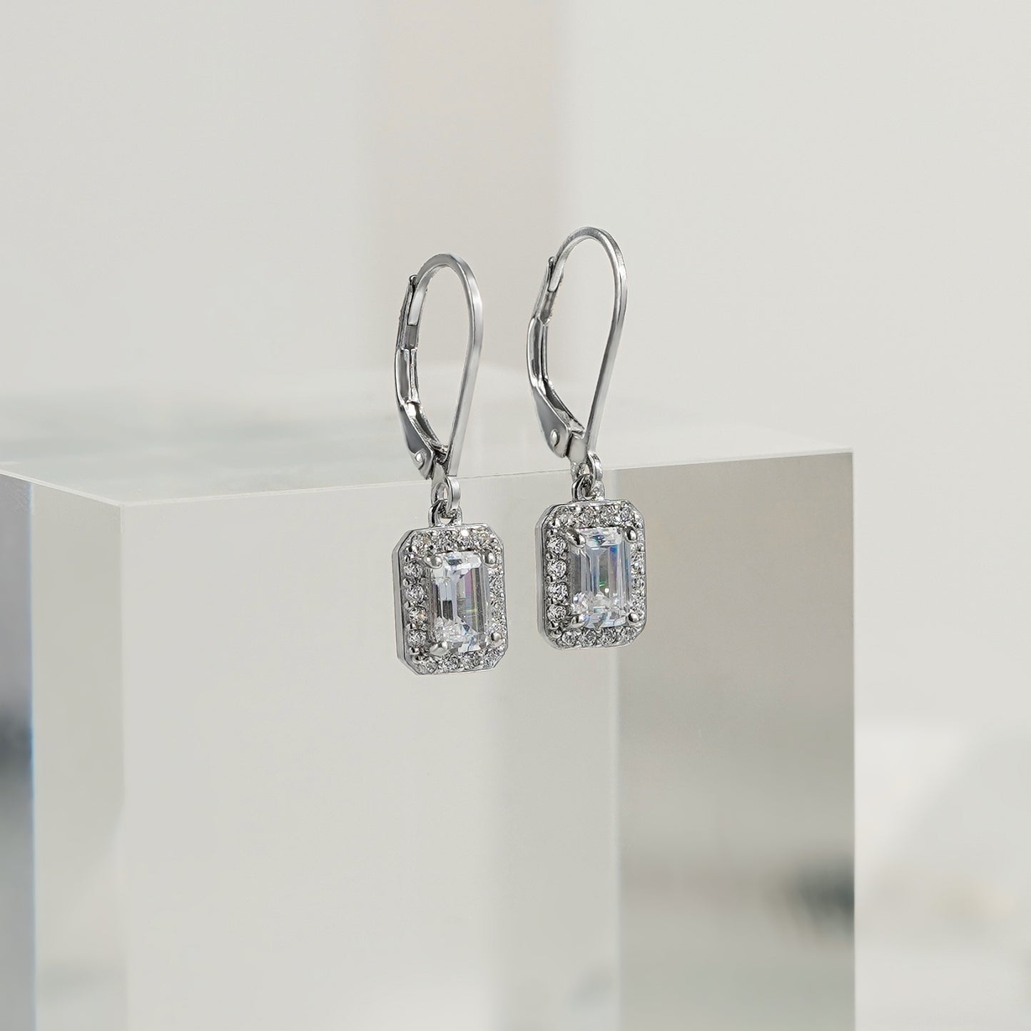 Marilyn Monroe Emerald Cut Halo Leverback Earrings