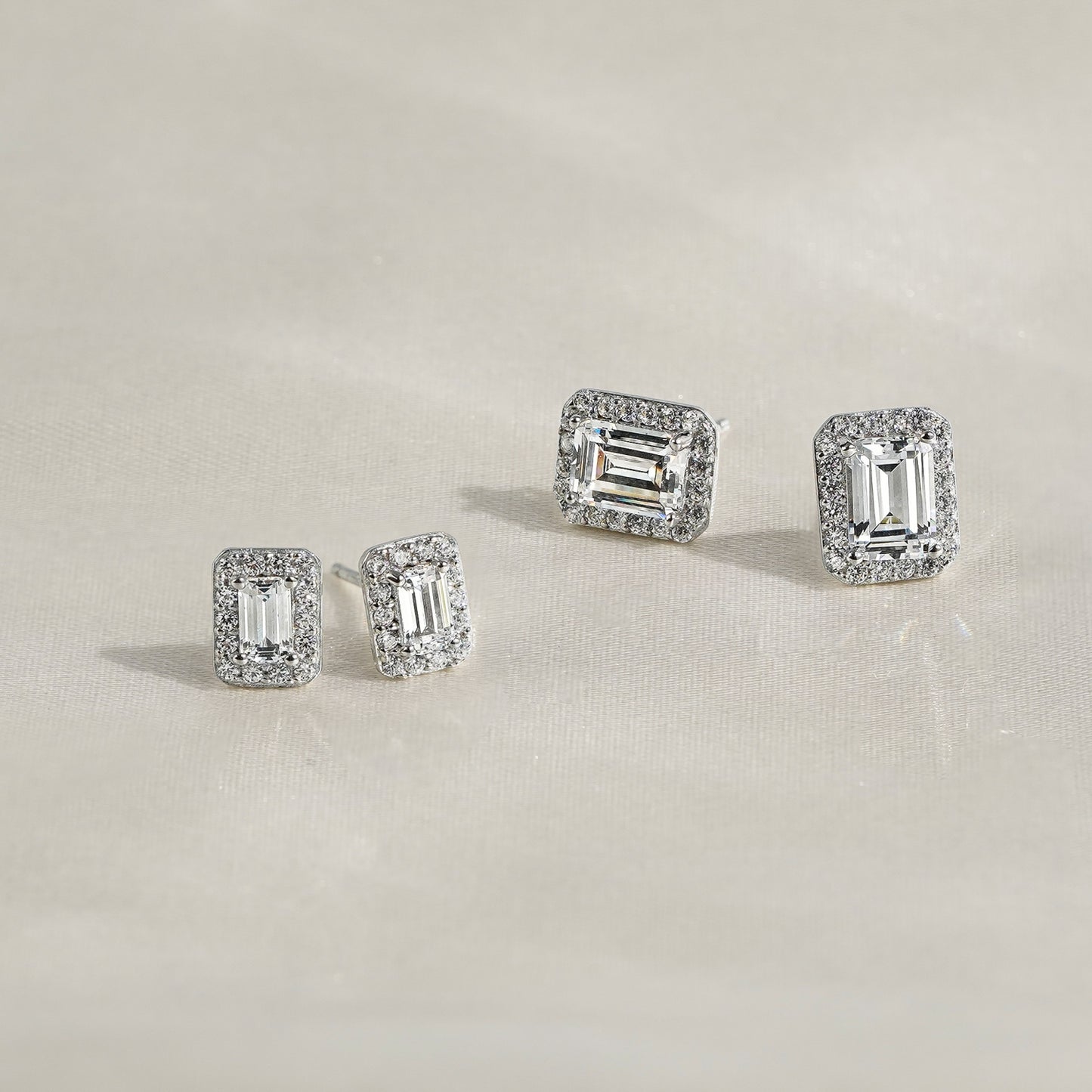 Emerald Cut Halo Stud Earrings