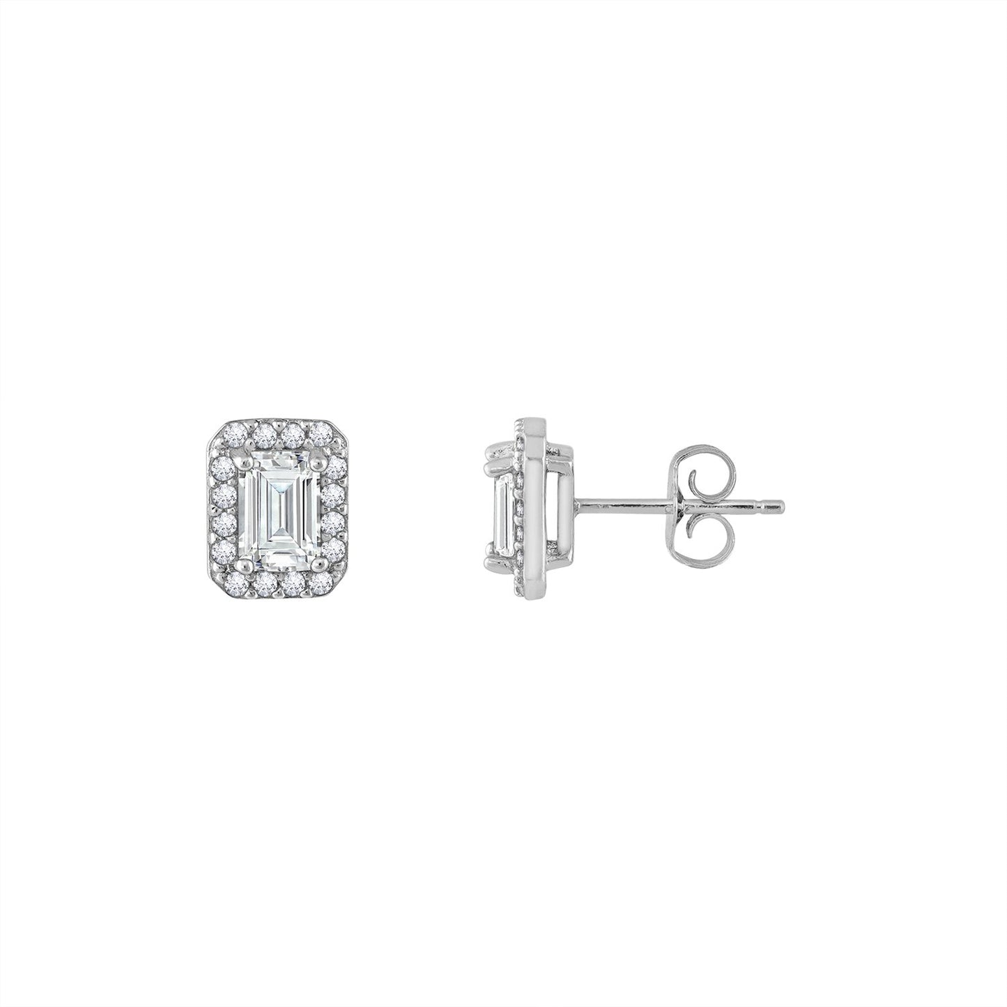 Emerald Cut Halo Stud Earrings