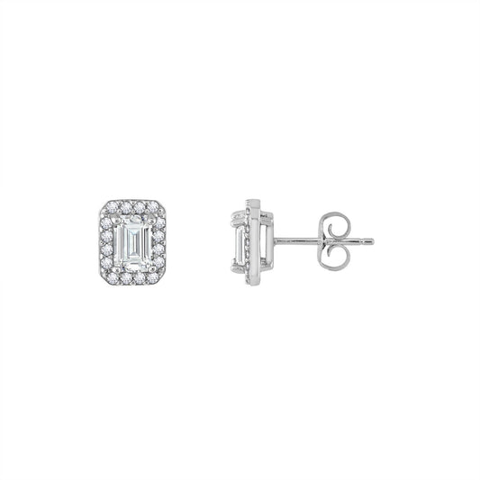 Emerald Cut Halo Stud Earrings