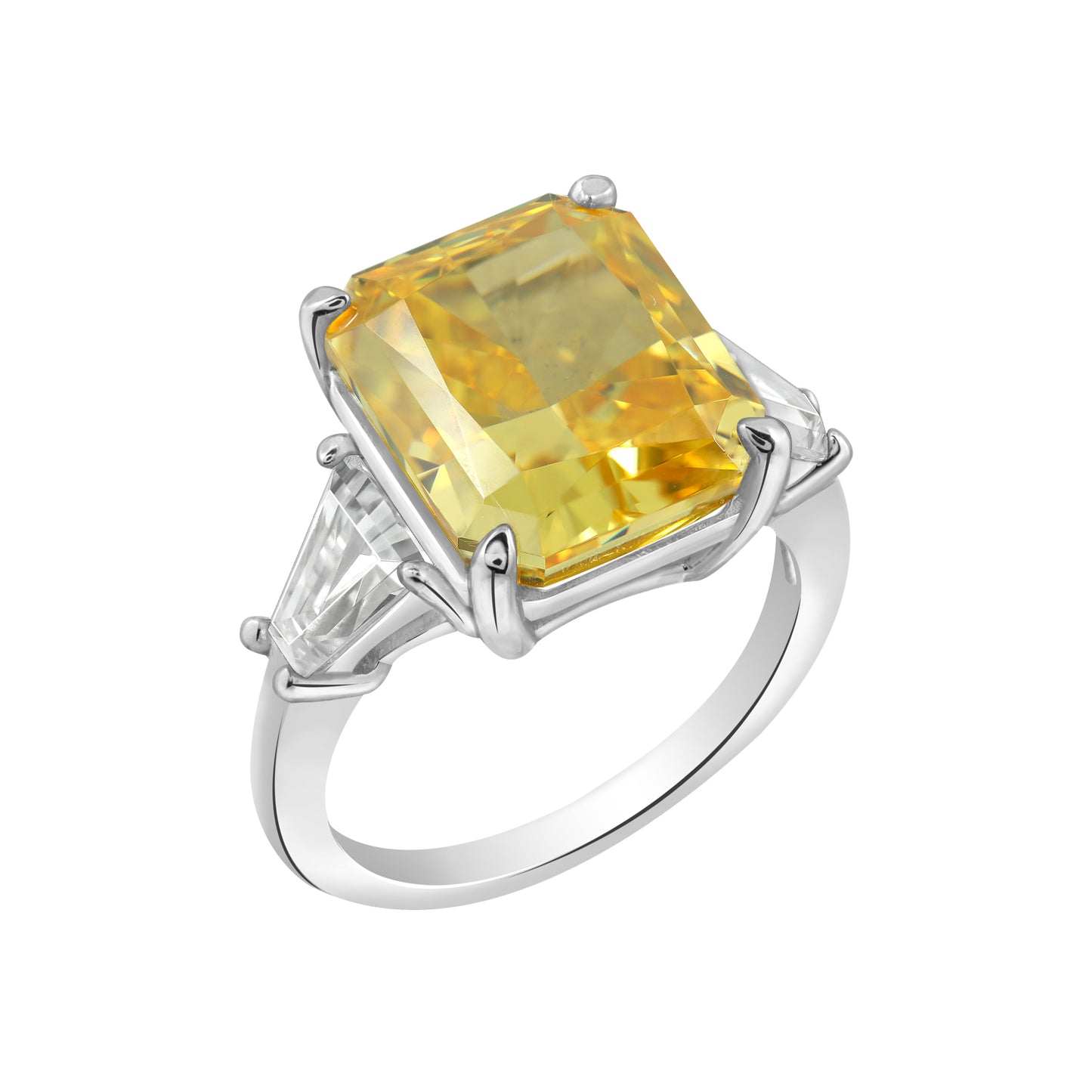 Yellow Emerald and Trapeze Cut Engagement Ring