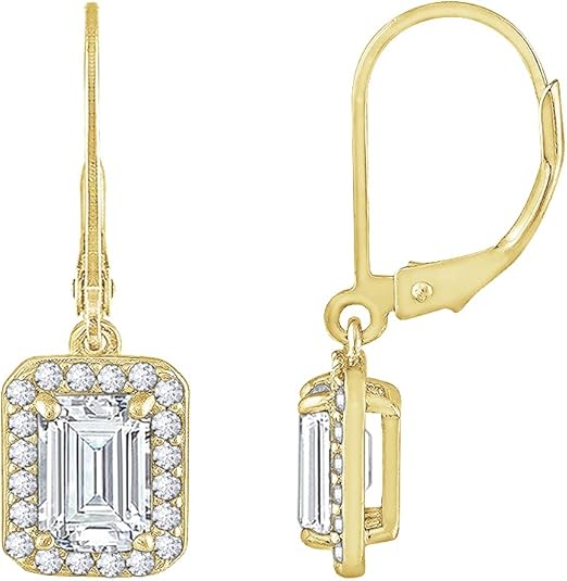 Marilyn Monroe Leverback Drop & Halo Earrings for Women | 14K Yellow Gold, Platinum Plated 925 Sterling Silver | 2 Carats Emerald Cut Cubic Zirconia CZ Simulated Diamond | Halo Drop