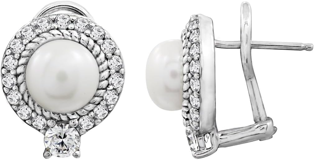 Sterling Silver Round Halo Pearl Stud Earrings