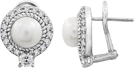 Sterling Silver Round Halo Pearl Stud Earrings