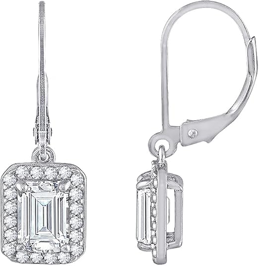 Marilyn Monroe Leverback Drop & Halo Earrings for Women | 14K Yellow Gold, Platinum Plated 925 Sterling Silver | 2 Carats Emerald Cut Cubic Zirconia CZ Simulated Diamond | Halo Drop