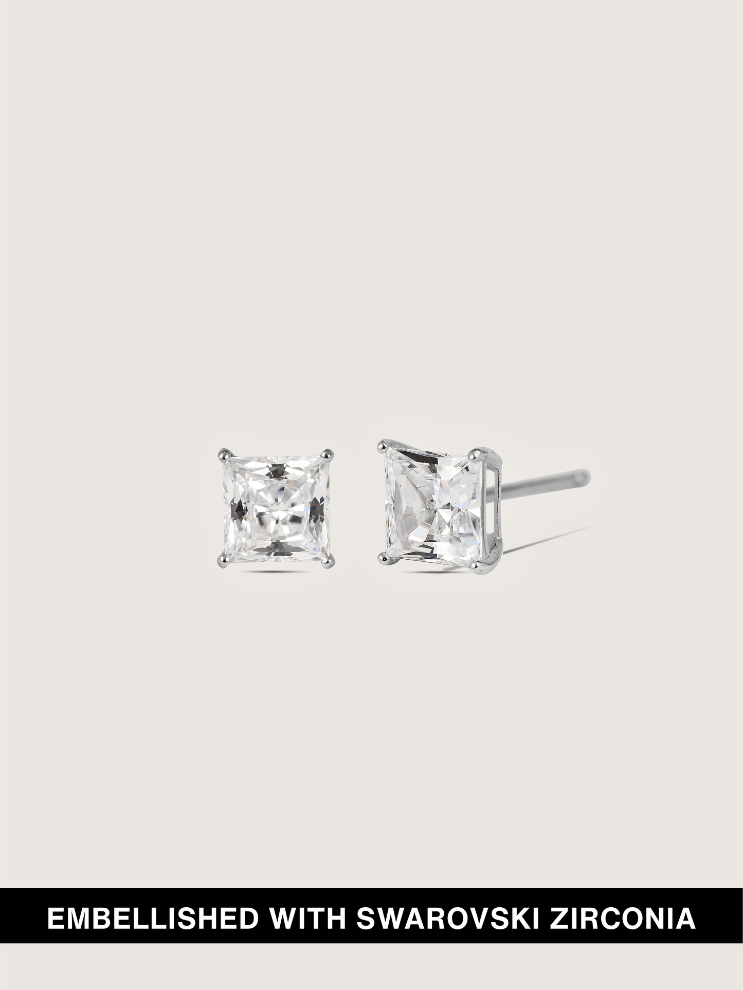 Diamonbliss Platinum Plated Sterling Silver Solitaire Princess cut Stud Earrings| Embellished with Swarovski® Zirconia| 2 cttw