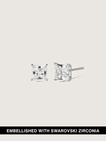 Diamonbliss Platinum Plated Sterling Silver Solitaire Princess cut Stud Earrings| Embellished with Swarovski® Zirconia| 2 cttw