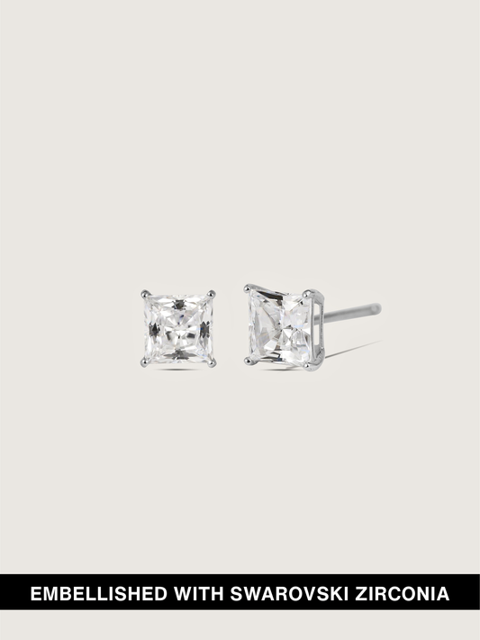 Diamonbliss Platinum Plated Sterling Silver Solitaire Princess cut Stud Earrings| Embellished with Swarovski® Zirconia| 2 cttw
