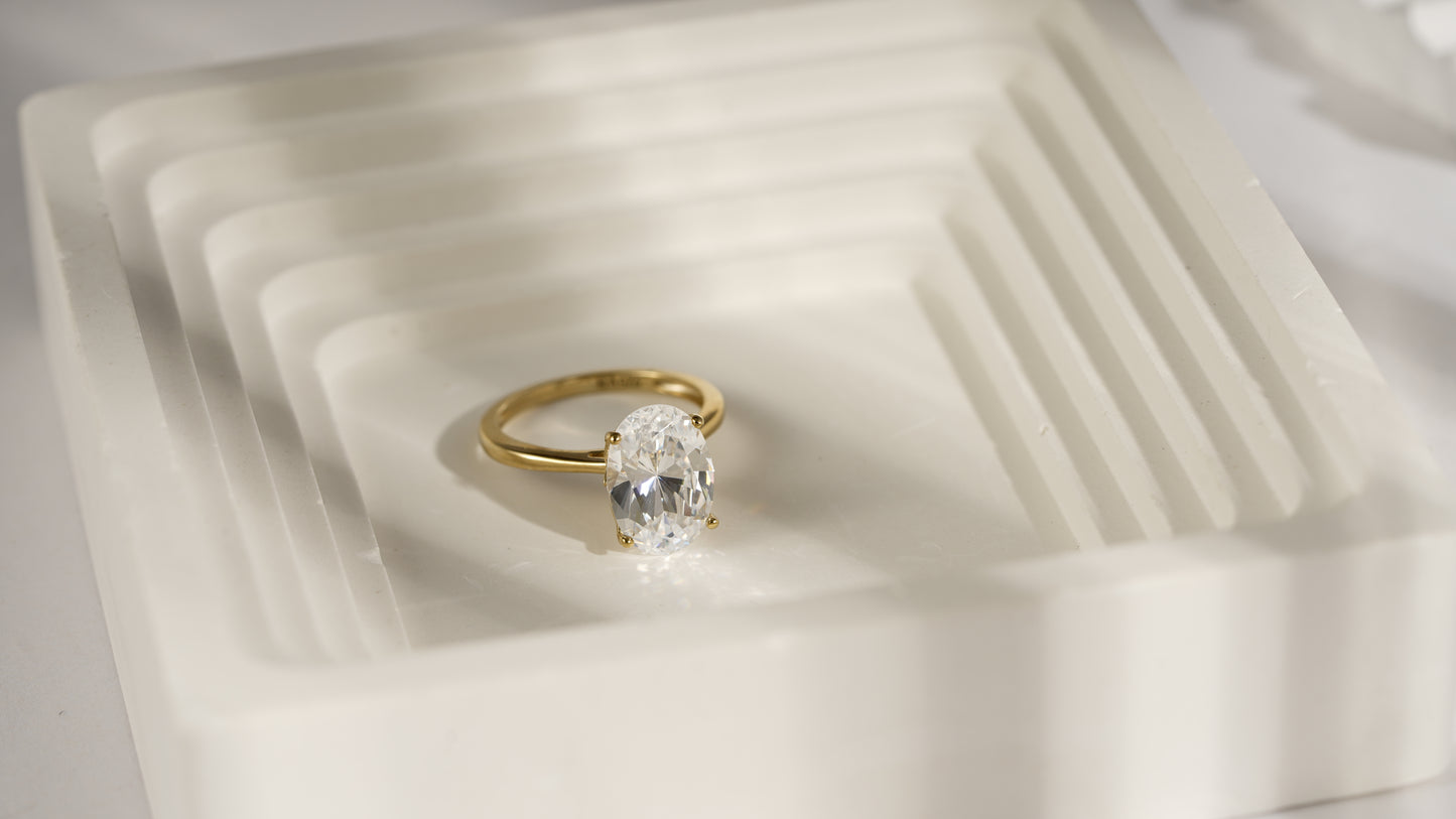 DIAMONBLISS 5-Carat Solitaire Ring For Women | 14K Gold Plated 925 Sterling Silver Celebrity Cocktail Ring | 100 Facet Cubic Zirconia