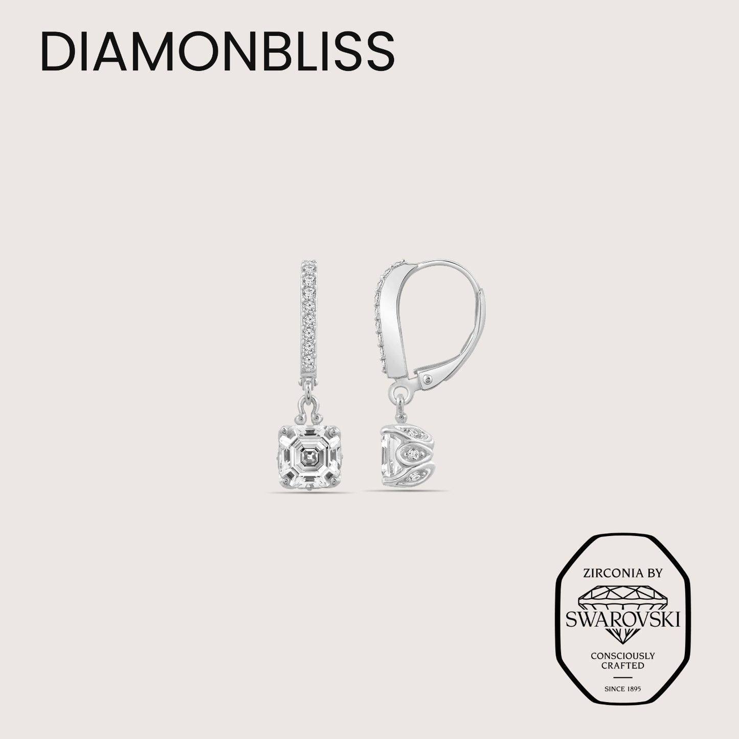 DIAMONBLISS Silver-tone Brass Leverback  Asscher cut Earrings|| Embellished with Swarovski® Zirconia| 3.5 cttws