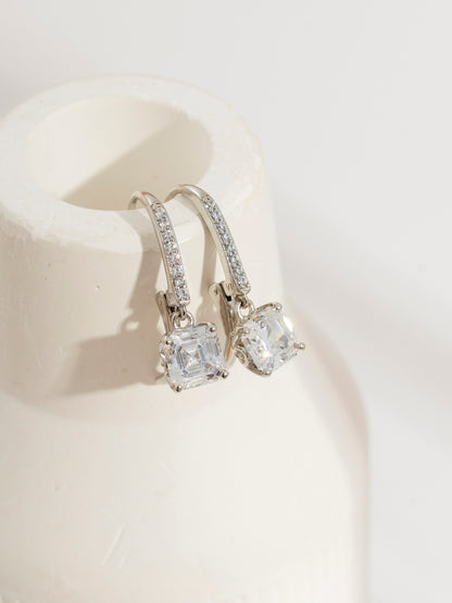 DIAMONBLISS Silver-tone Brass Leverback  Asscher cut Earrings|| Embellished with Swarovski® Zirconia| 3.5 cttws