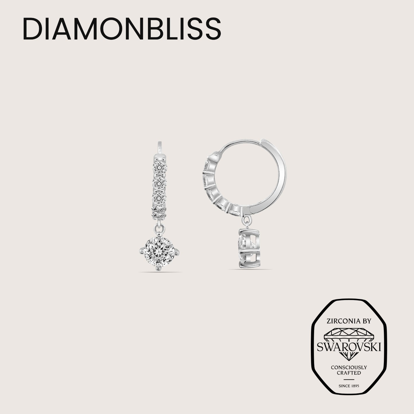 DIAMONBLISS Silver-tone Brass Round cut Dangle Hoop Earrings|| Embellished with Swarovski® Zirconia| 3.5 cttws