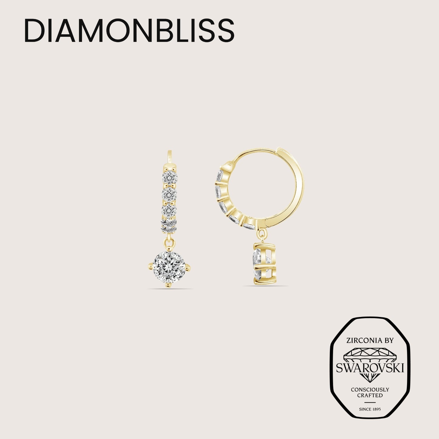 DIAMONBLISS Yellow-tone Brass Round cut Dangle Hoop Earrings|| Embellished with Swarovski® Zirconia| 3.5 cttws