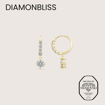 DIAMONBLISS Yellow-tone Brass Round cut Dangle Hoop Earrings|| Embellished with Swarovski® Zirconia| 3.5 cttws