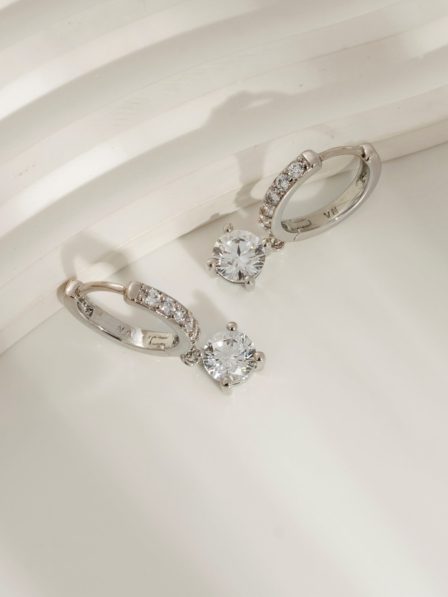 DIAMONBLISS Silver-tone Brass Round cut Dangle Hoop Earrings|| Embellished with Swarovski® Zirconia| 3.5 cttws