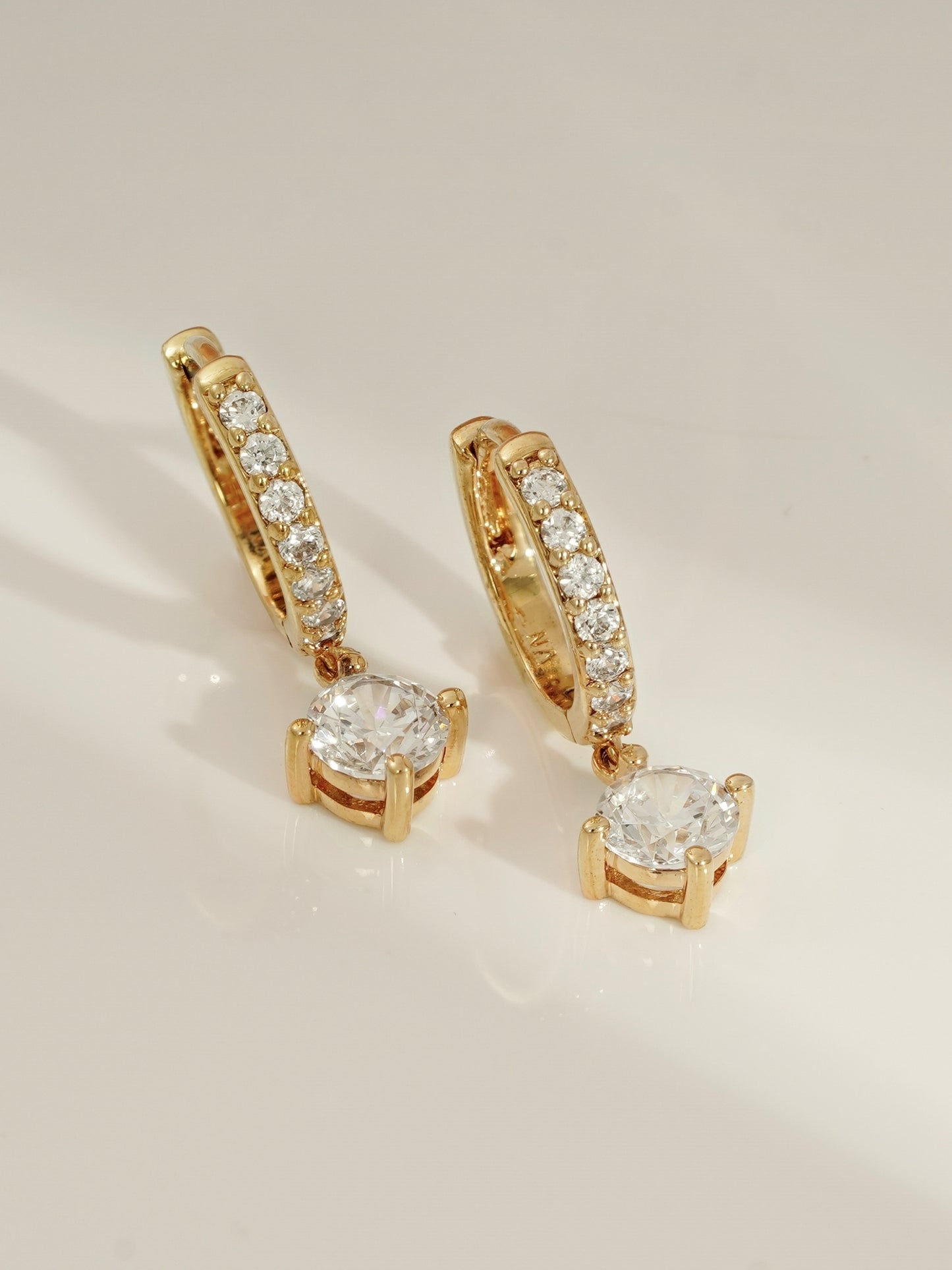 DIAMONBLISS Yellow-tone Brass Round cut Dangle Hoop Earrings|| Embellished with Swarovski® Zirconia| 3.5 cttws