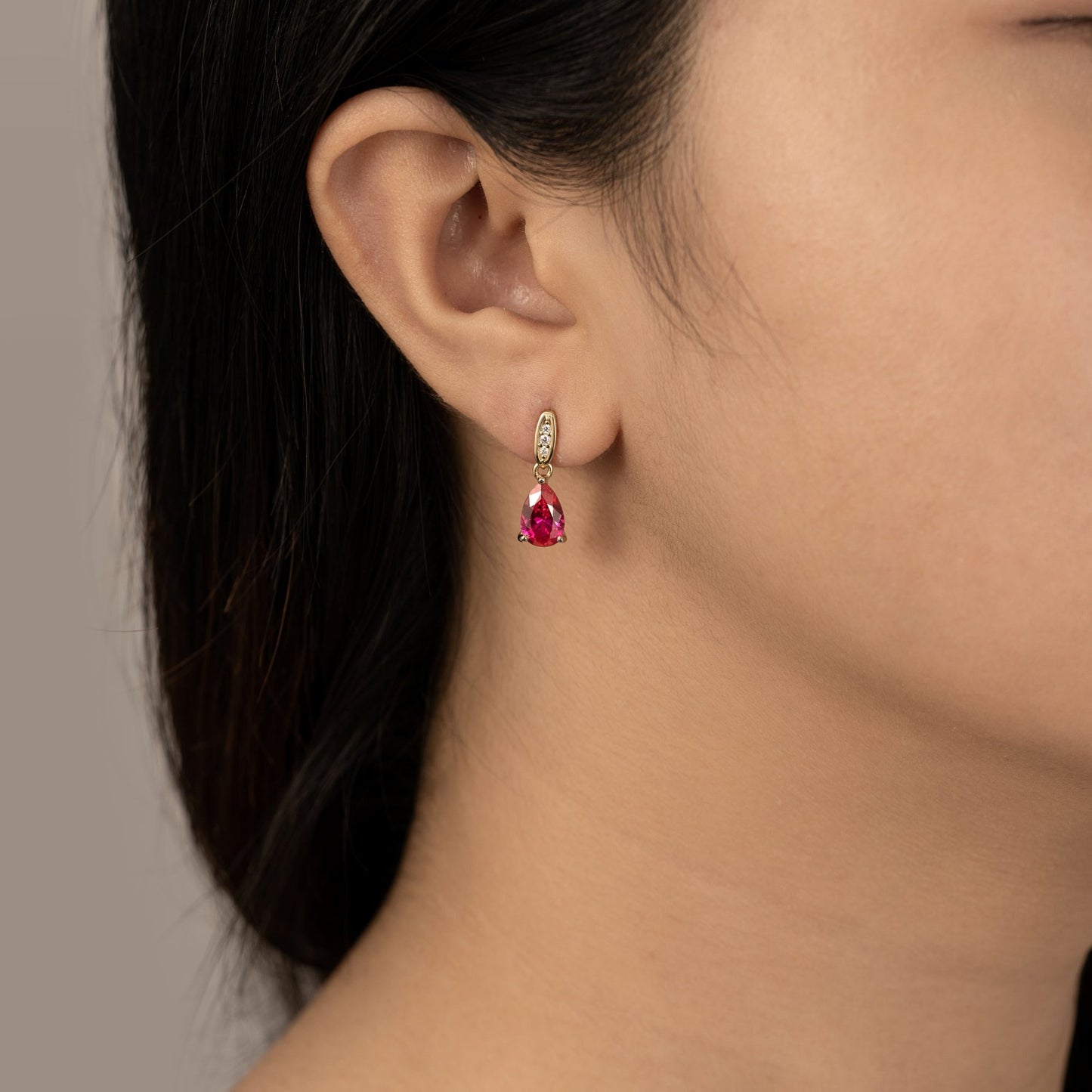 Pear Cut Created Ruby With Lab Grown Diamond Accent Drop Earrings