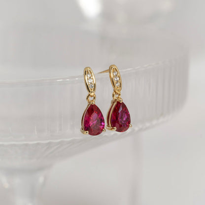 Pear Cut Created Ruby With Lab Grown Diamond Accent Drop Earrings