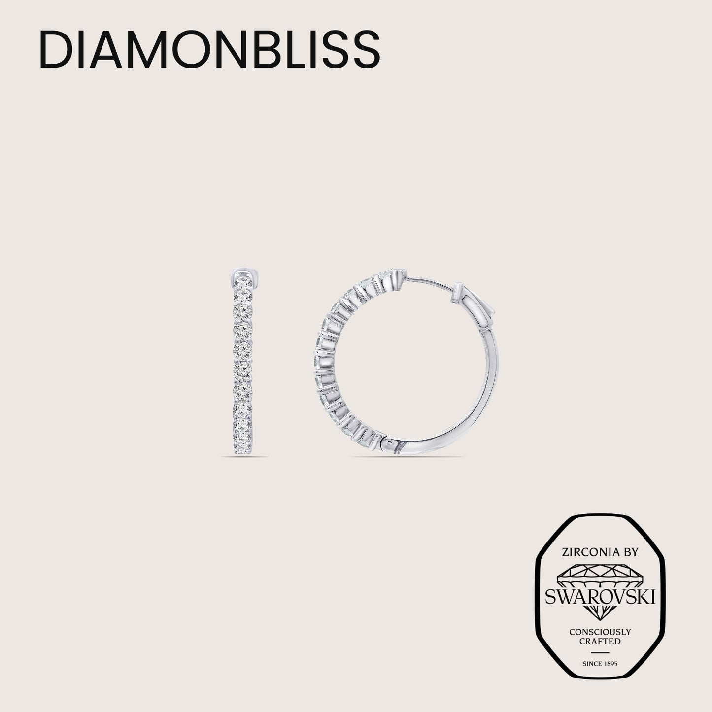 DIAMONBLISS Silver-tone Brass Hoop Earrings| Embellished with Swarovski® Zirconia|  1.5'' outer diameter| 2 cttws