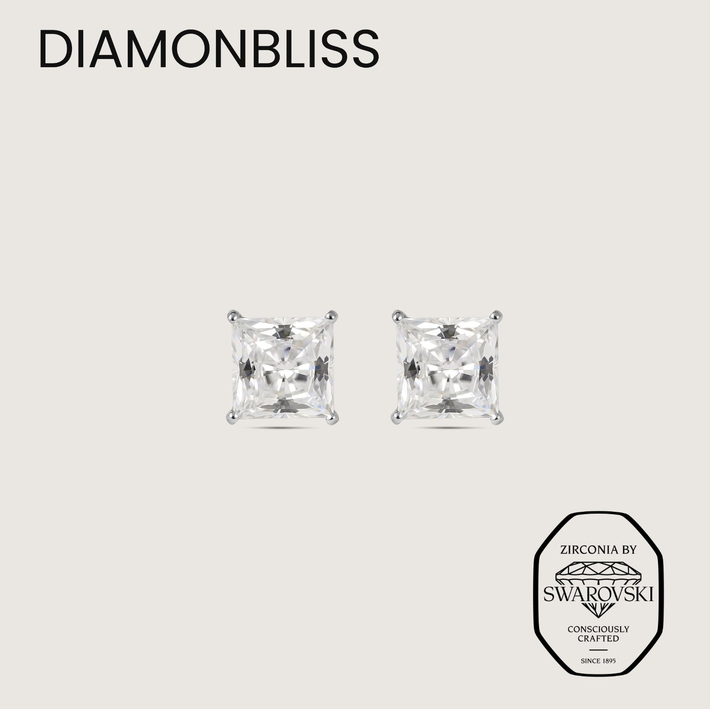Diamonbliss Platinum Plated Sterling Silver Solitaire Princess cut Stud Earrings| Embellished with Swarovski® Zirconia| 2 cttw