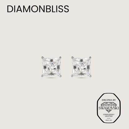 Diamonbliss Platinum Plated Sterling Silver Solitaire Princess cut Stud Earrings| Embellished with Swarovski® Zirconia| 2 cttw