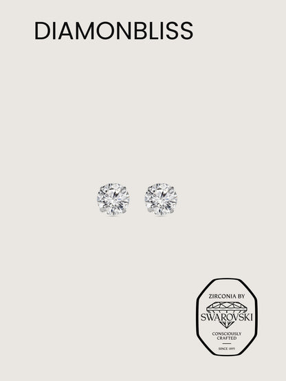 Diamonbliss Platinum Plated Sterling Silver Solitaire Round cut Stud Earrings| Embellished with Swarovski® Zirconia| 1 cttw