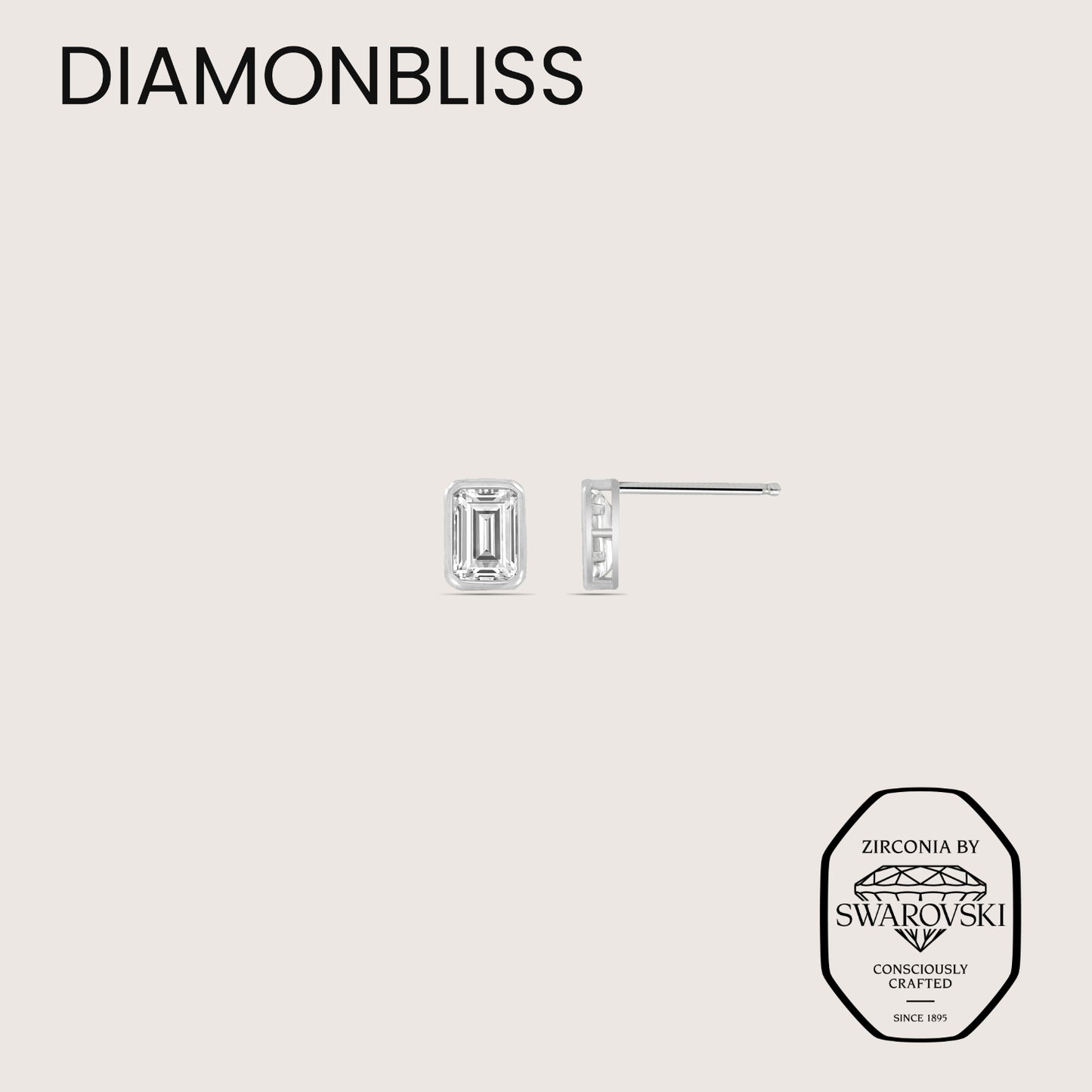 DIAMONBLISS Silver-tone Brass Emerald cut Solitaire Stud Earrings| Embellished with Swarovski® Zirconia| 0.5 cttws
