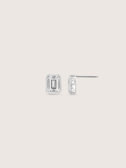 DIAMONBLISS Silver-tone Brass Emerald cut Solitaire Stud Earrings| Embellished with Swarovski® Zirconia| 3 cttws