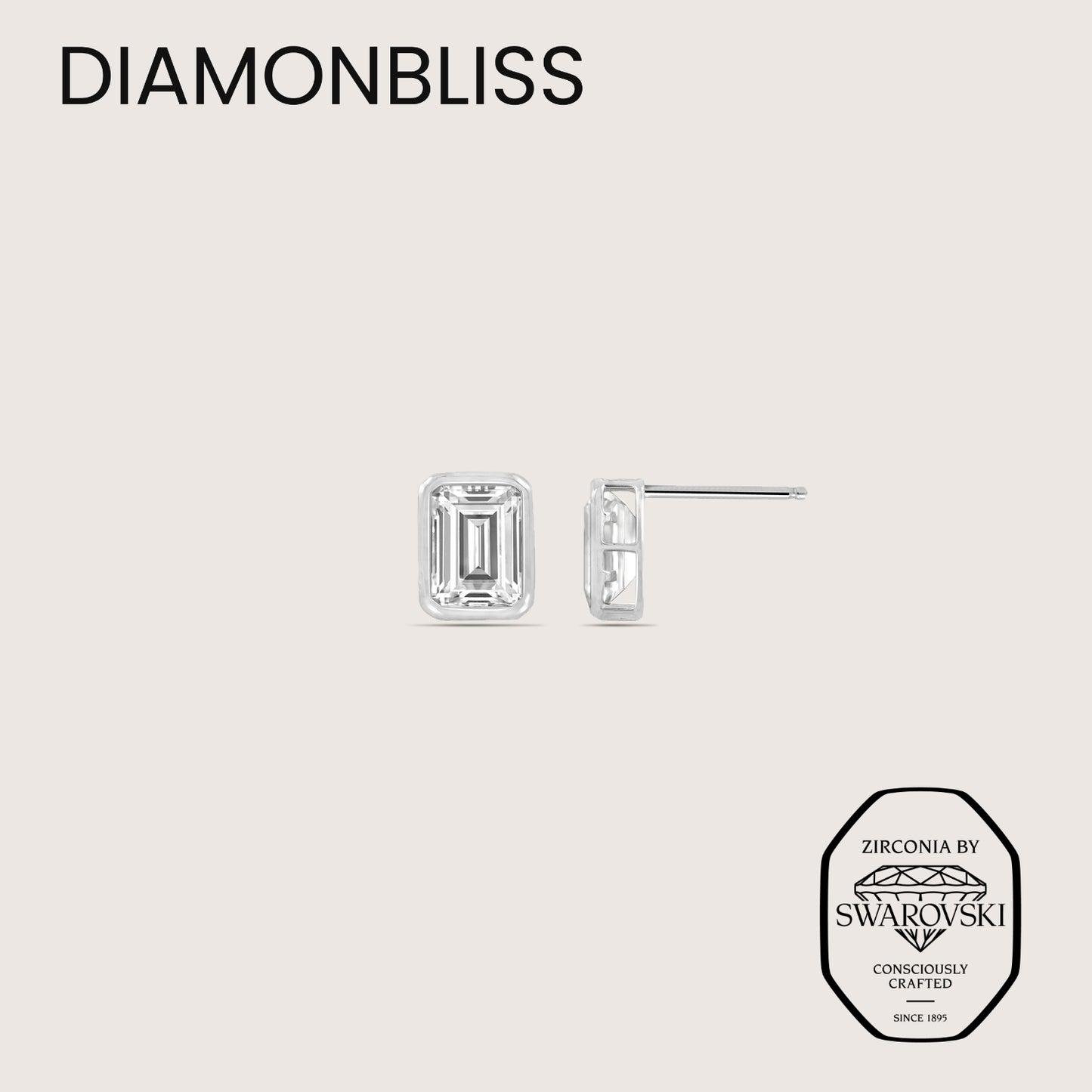 DIAMONBLISS Silver-tone Brass Emerald cut Solitaire Stud Earrings| Embellished with Swarovski® Zirconia| 3 cttws