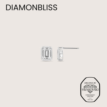 DIAMONBLISS Silver-tone Brass Emerald cut Solitaire Stud Earrings| Embellished with Swarovski® Zirconia| 3 cttws