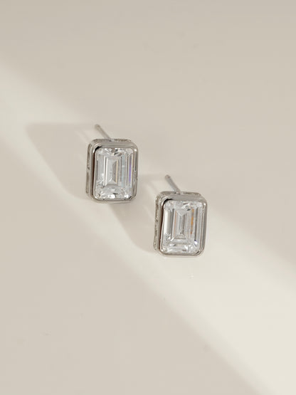 DIAMONBLISS Silver-tone Brass Emerald cut Solitaire Stud Earrings| Embellished with Swarovski® Zirconia| 3 cttws