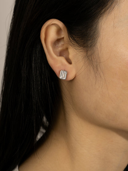 DIAMONBLISS Silver-tone Brass Emerald cut Solitaire Stud Earrings| Embellished with Swarovski® Zirconia| 3 cttws