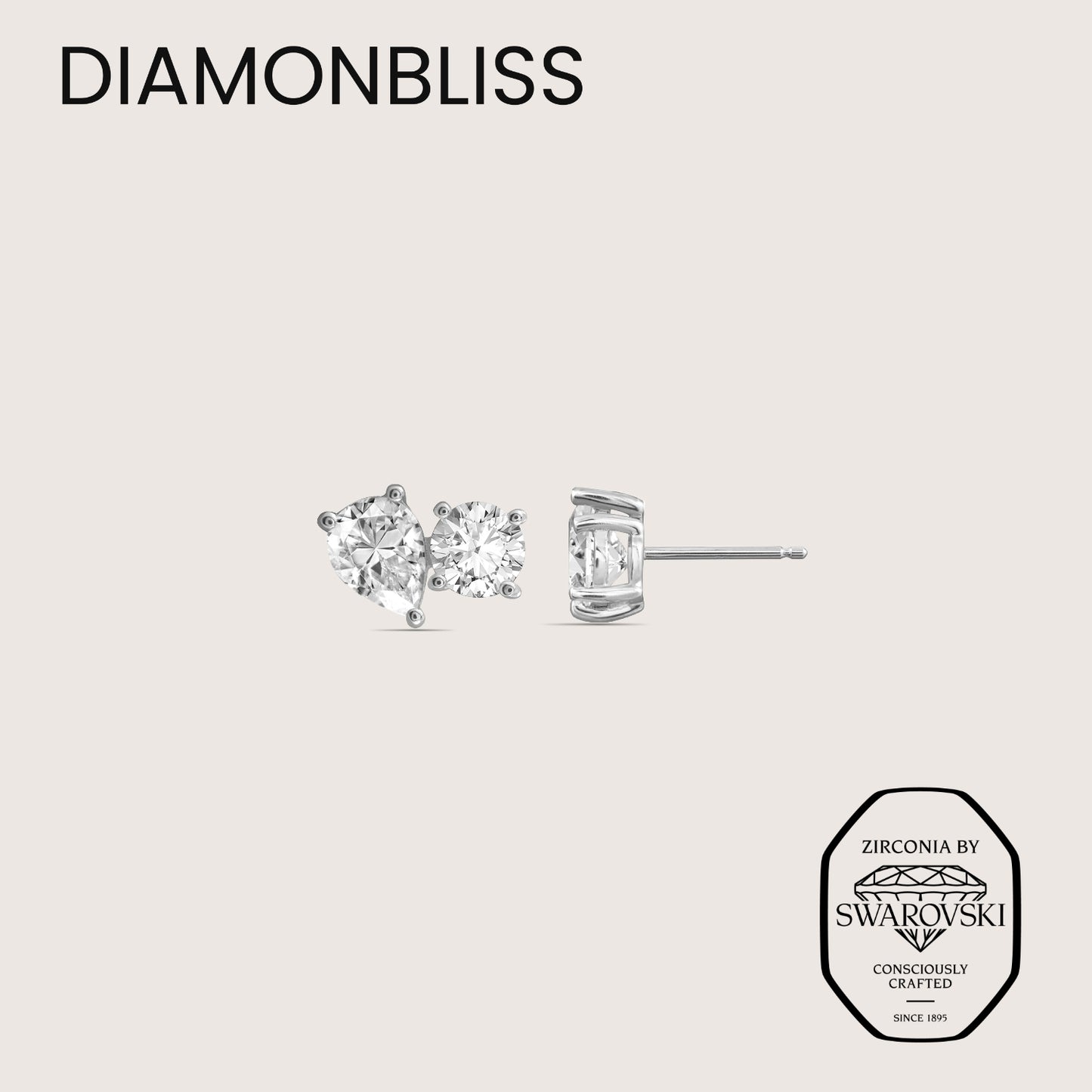 DIAMONBLISS Silver-tone Brass Pear and Round Toi et moi Stud Earrings| Embellished with Swarovski® Zirconia| 4 cttws