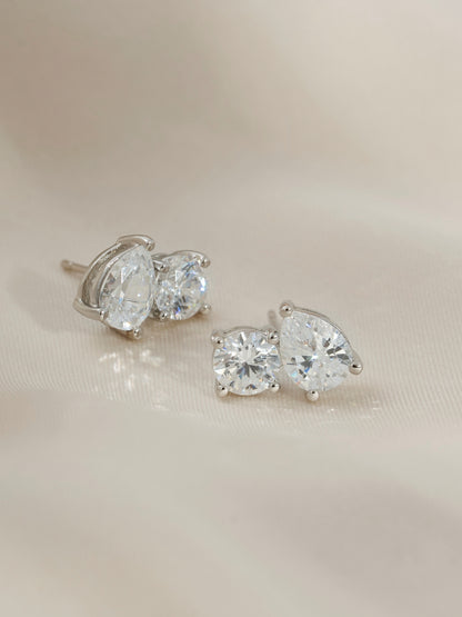 DIAMONBLISS Silver-tone Brass Pear and Round Toi et moi Stud Earrings| Embellished with Swarovski® Zirconia| 4 cttws